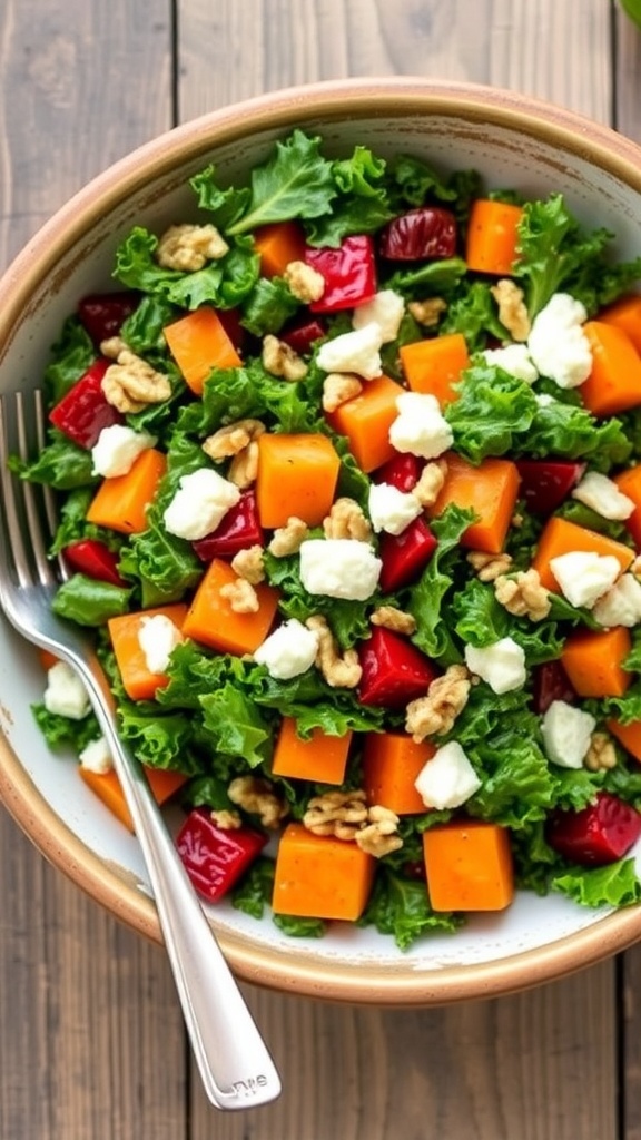A vibrant kale salad with roasted vegetables, feta cheese, and walnuts in a rustic bowl on a wooden table.